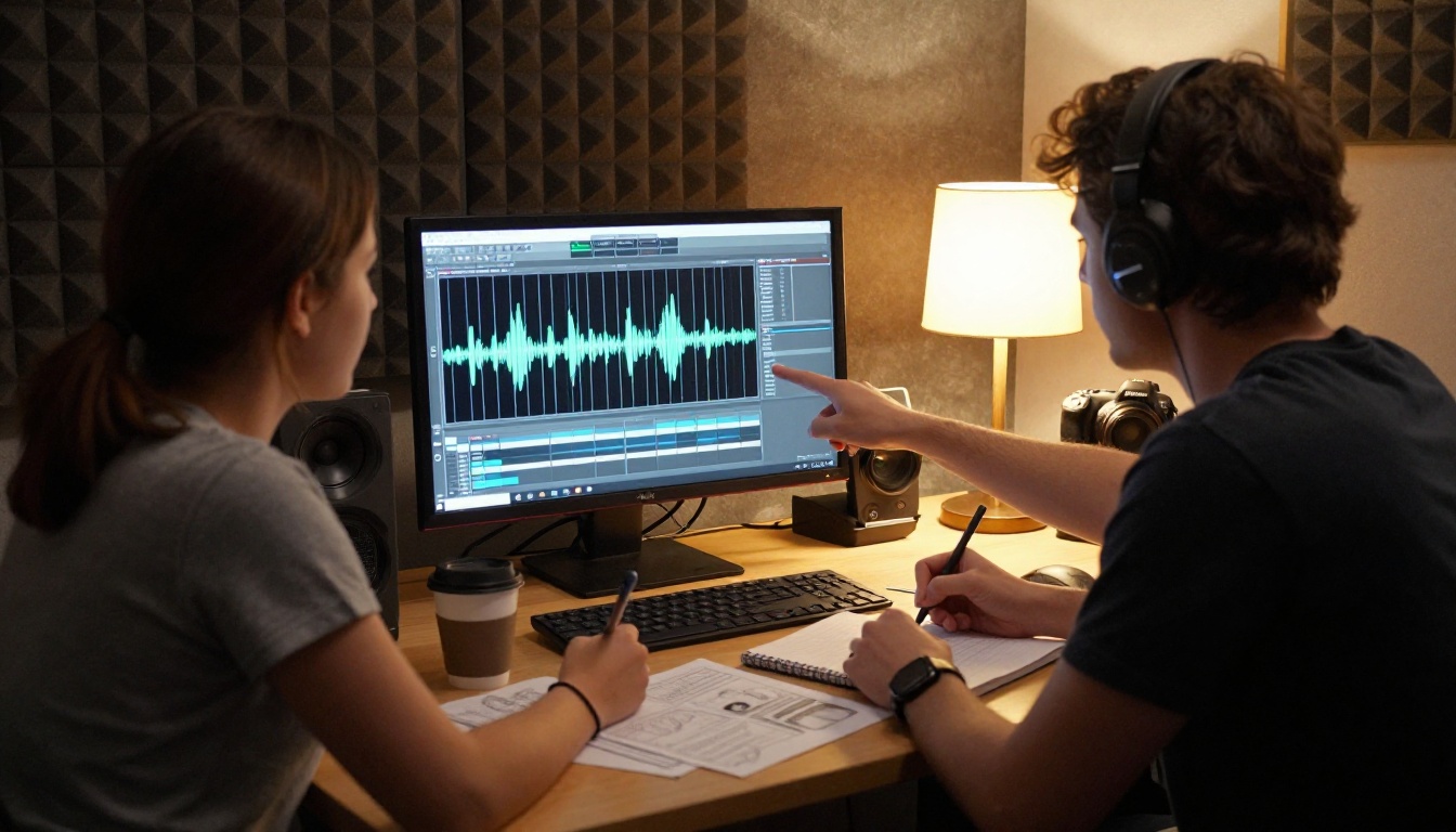 Two filmmakers discussing their score over audio monitors in a cozy studio