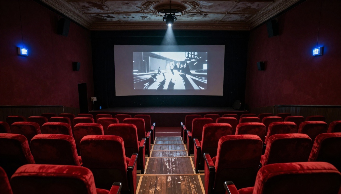 Empty vintage cinema screening room with projector beam cutting through dusty air