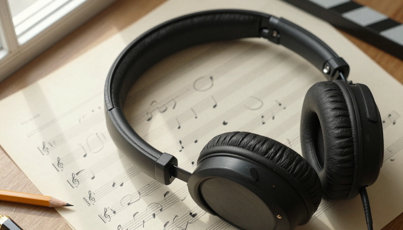 Overhead flat-lay of vintage headphones resting on handwritten film score manuscript with musical notation