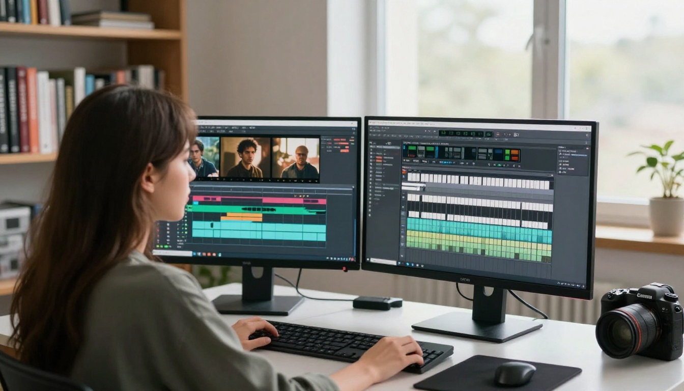 Female filmmaker at dual monitors with film timeline and music software open side by side