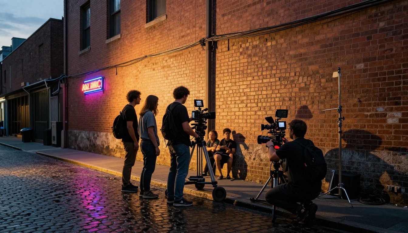 Indie film crew on location in urban alley at golden magic hour, low-angle documentary shot