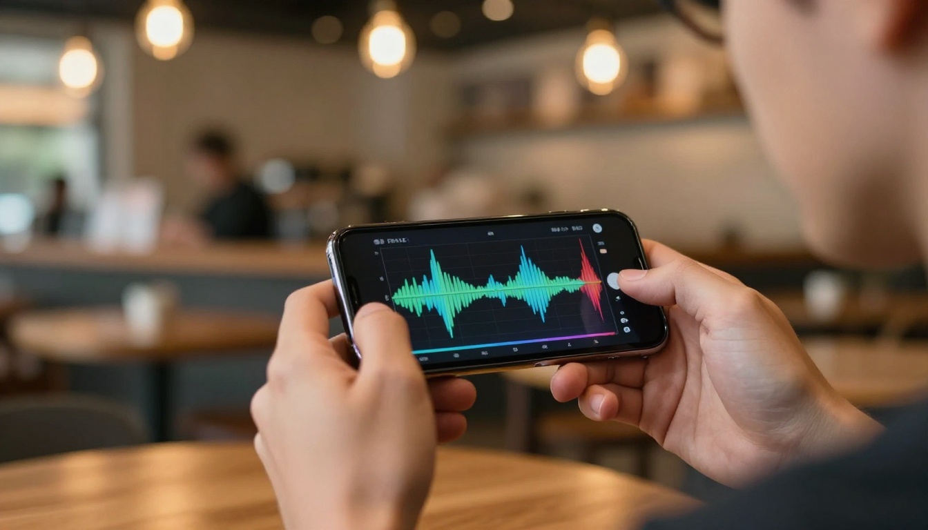 Young man holding smartphone showing audio waveform, coffee shop background with warm Edison bulb bokeh