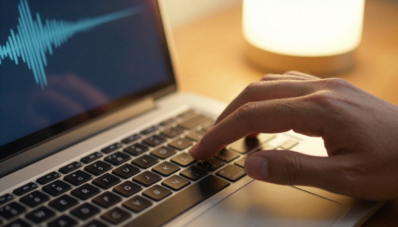 Extreme close-up of fingers on MacBook keyboard with light reflected on fingertips