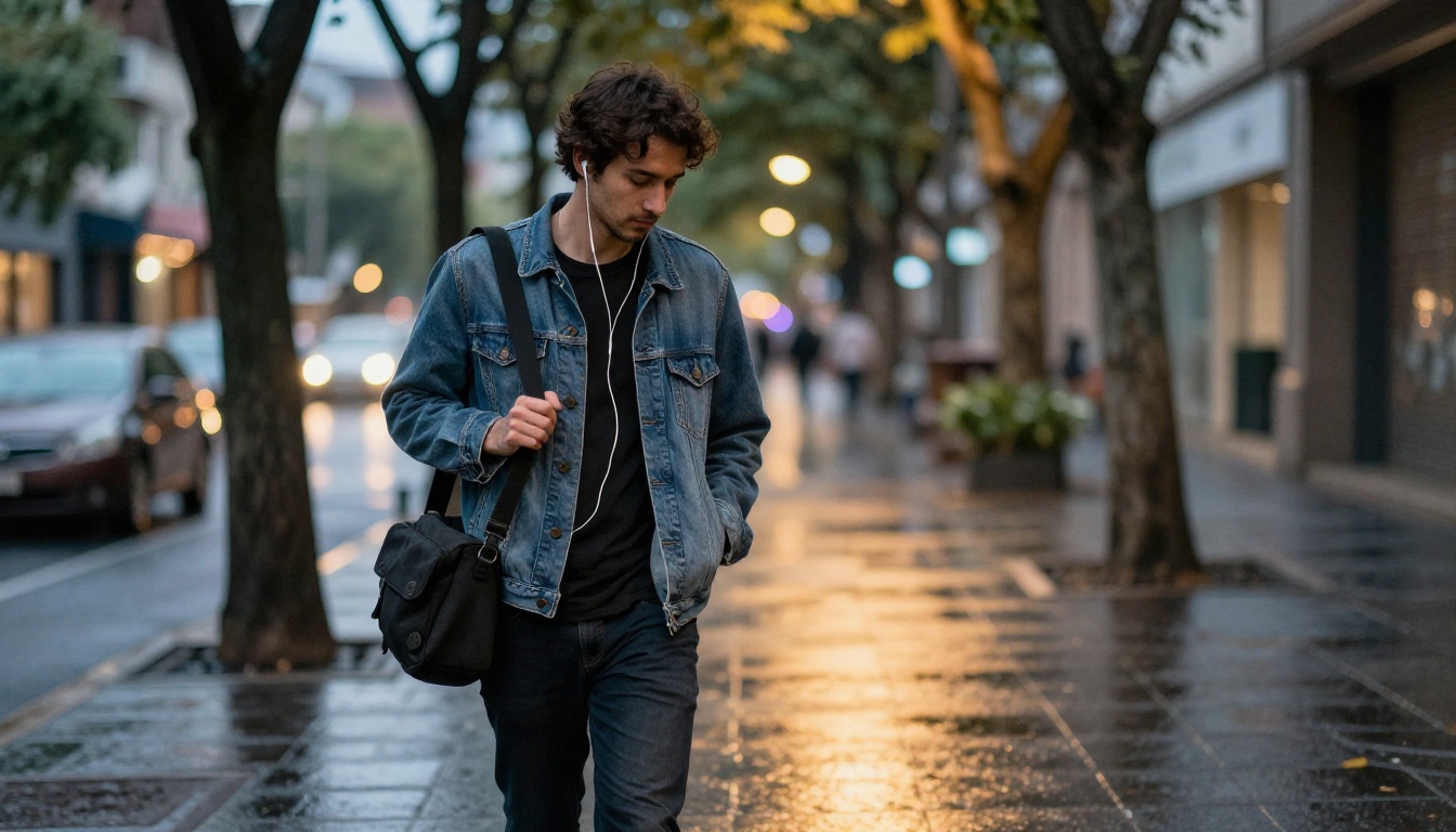 Filmmaker walking at dusk with earphones, wet sidewalk reflections, side profile in streetlamp light