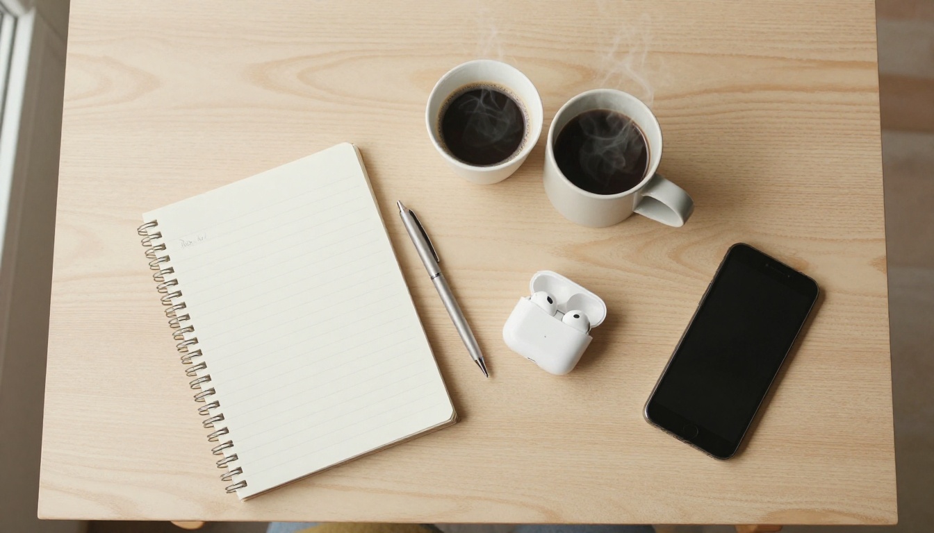Aerial view of minimal wooden desk with coffee mug, notebook, and earbuds charging case