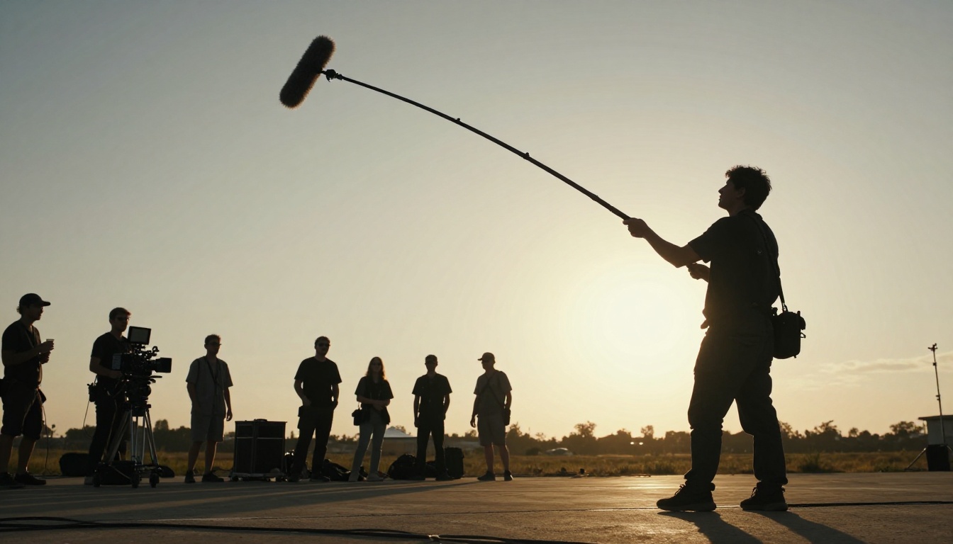 Film set boom operator at golden hour