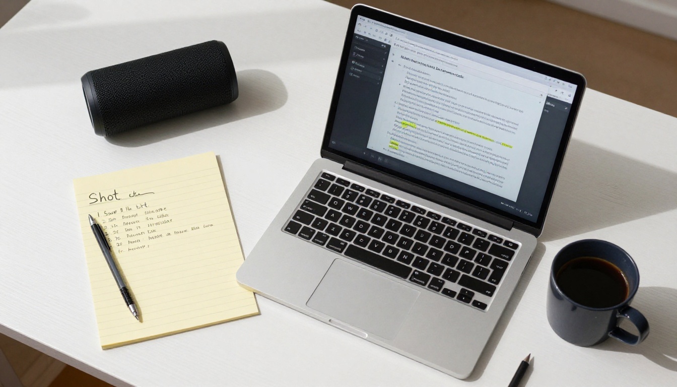 Overhead desk view with laptop showing AI music prompt interface surrounded by film script and notes