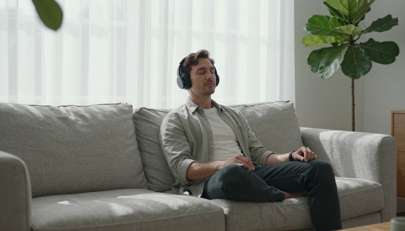 Person seated on linen couch with headphones, eyes closed in calm focus