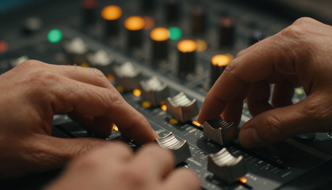 Close-up of experienced hands resting on a professional mixing board Close-up of experienced hands resting on a professional mixing board
