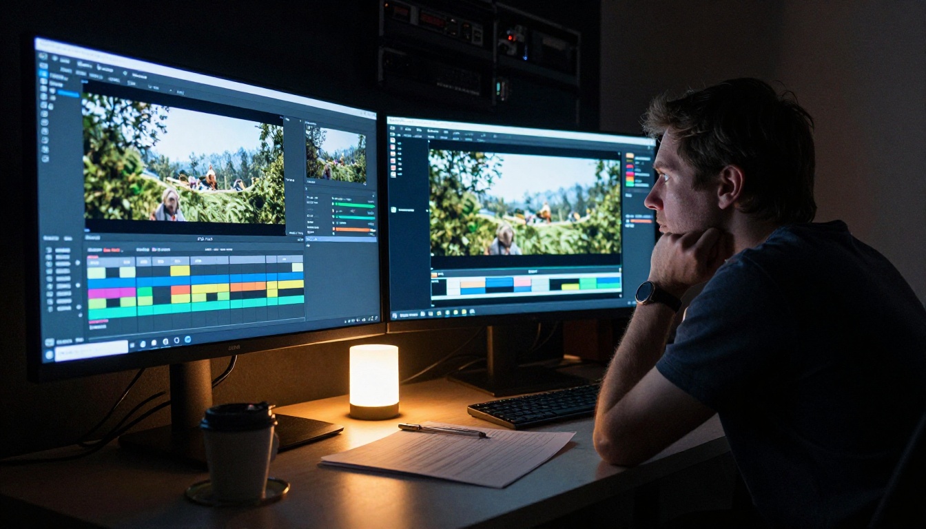 Video editor reviewing footage on monitors in a dark editing suite