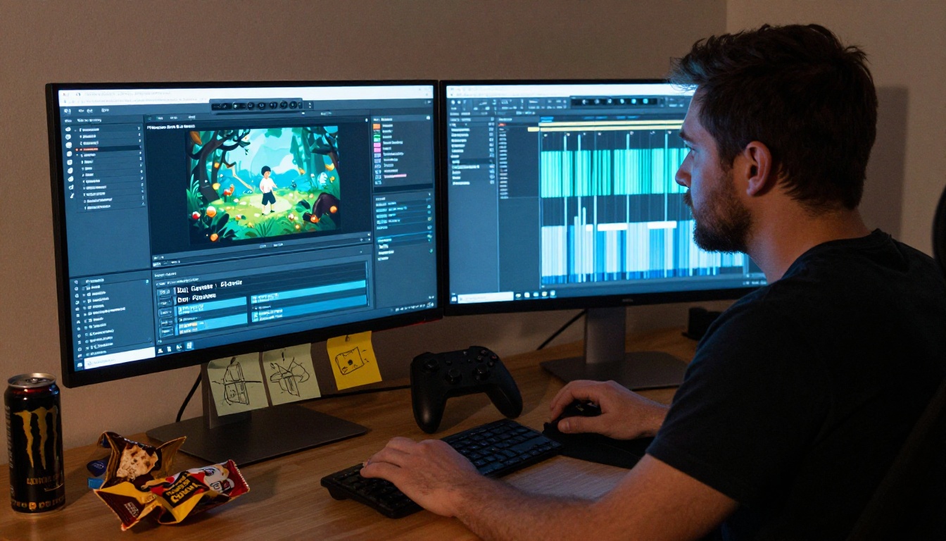 Game developer at dual monitor workstation