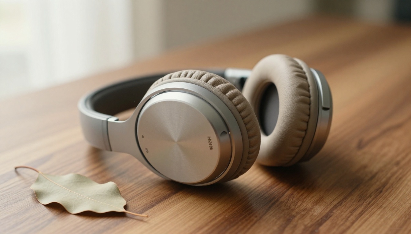 Premium over-ear headphones on walnut wood surface with eucalyptus leaf