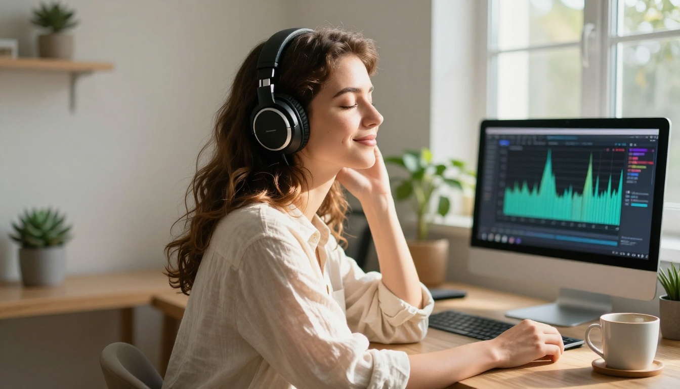 Woman with studio headphones listening near a bright window
