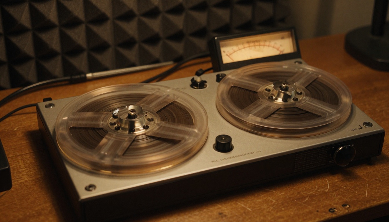 Analog reel-to-reel tape recorder under warm incandescent lamp, VU meters mid-swing
