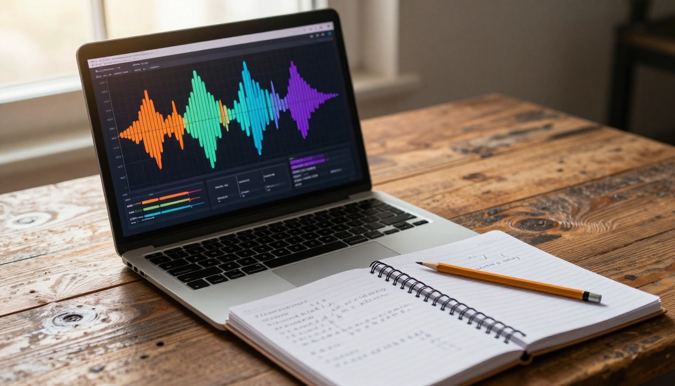 AI music waveform visualization on laptop with notebook