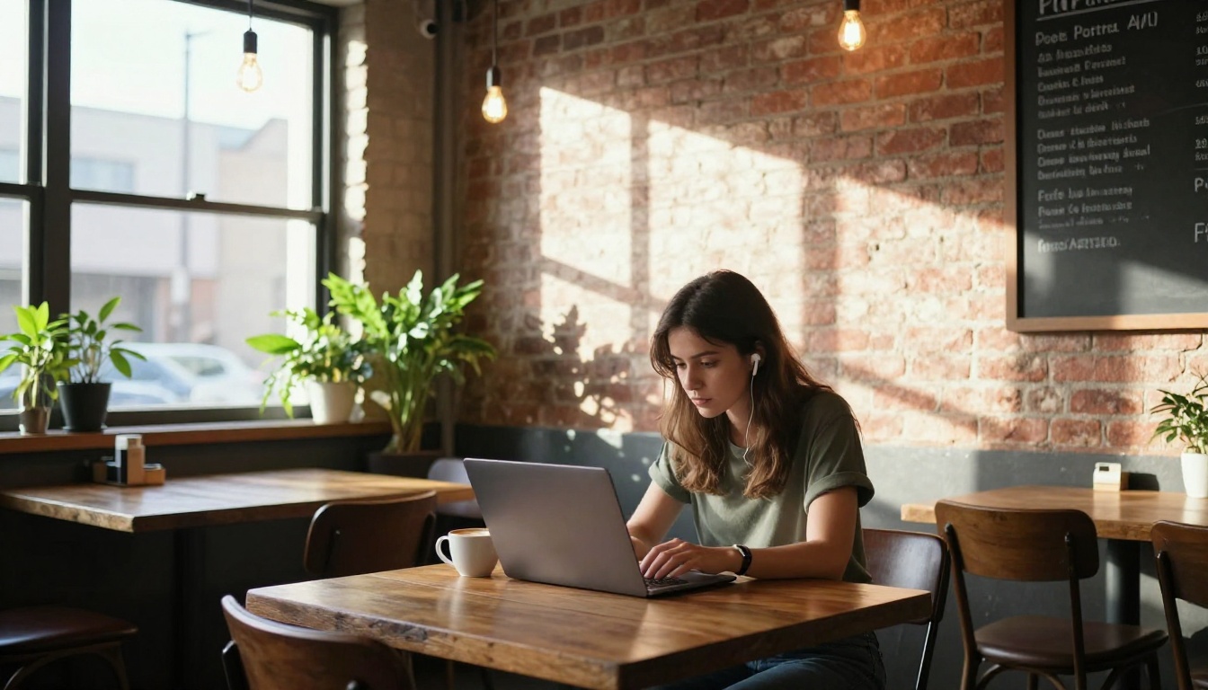 Young woman working on laptop at sunlit coffee shop corner with ceramic mug and earbuds