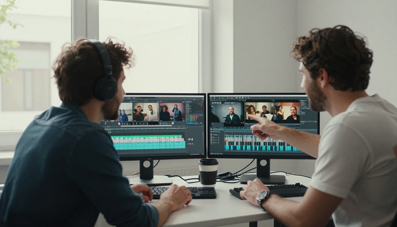 Two creative professionals collaborating at a dual-monitor workstation