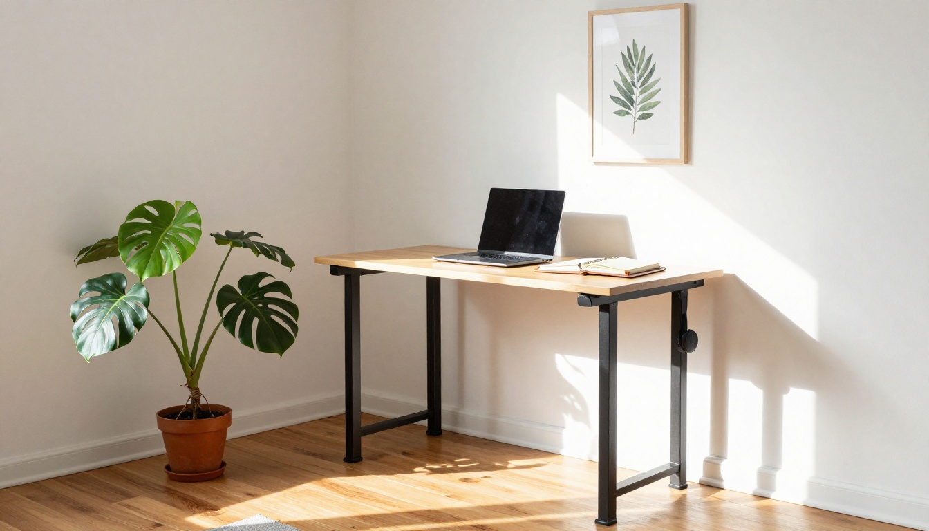Bright minimal home office with standing desk, monstera plant shadow on white wall