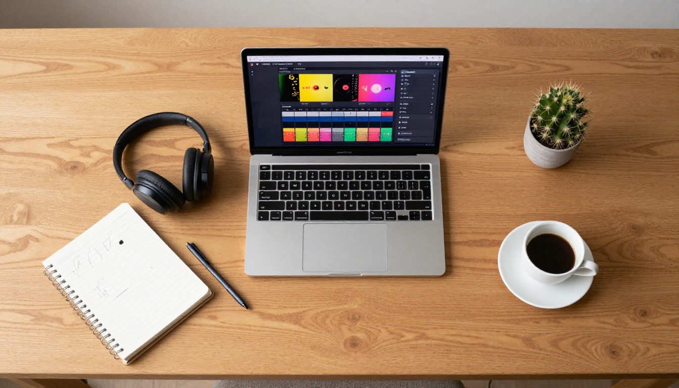 Overhead flat-lay of a minimalist desk with headphones, laptop, and notebook Overhead flat-lay of a minimalist desk with headphones, laptop, and notebook