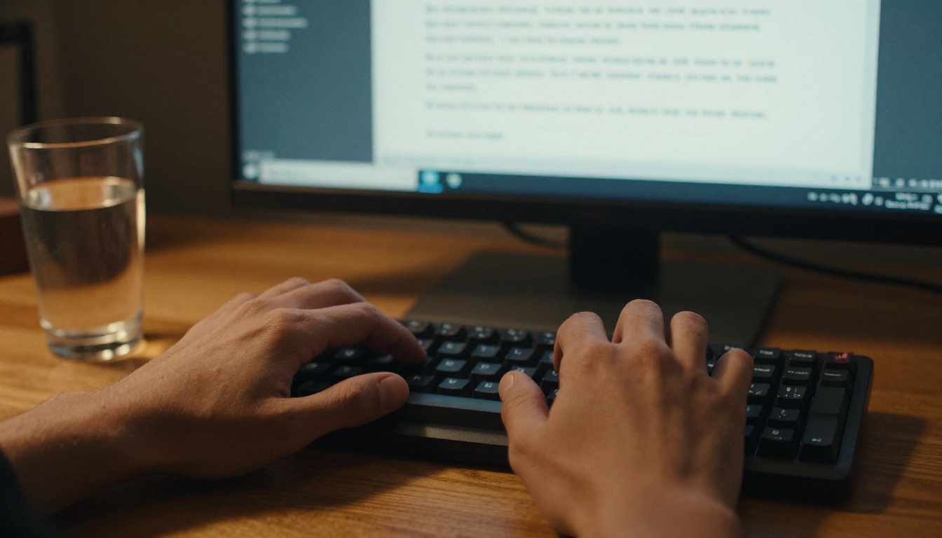 Hands typing a music prompt on a keyboard