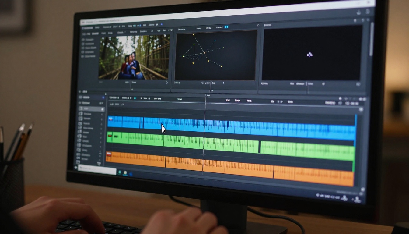Video editing software timeline on a professional monitor Video editing software timeline on a professional monitor