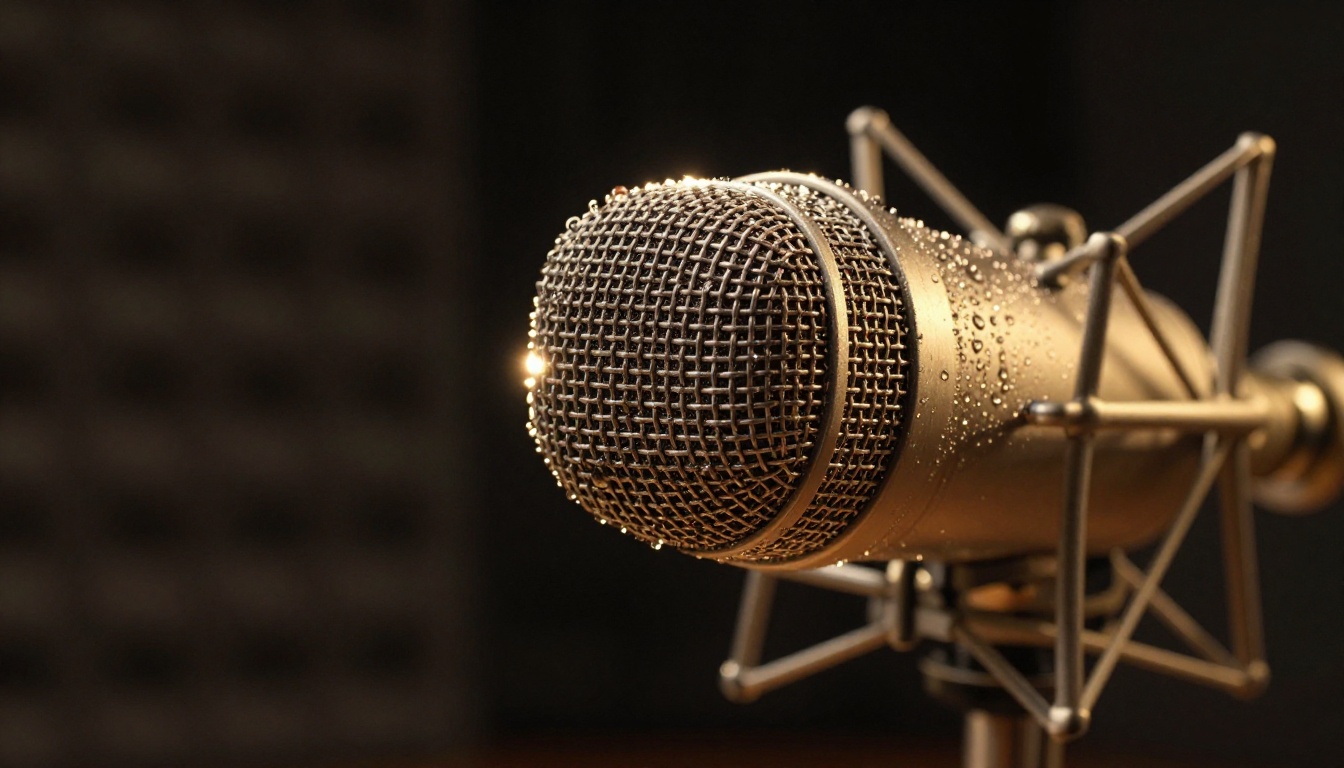 Condenser studio microphone with warm golden rim light against dark acoustic panels