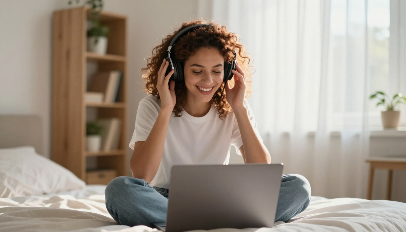 Woman creator reacting to AI music with headphones