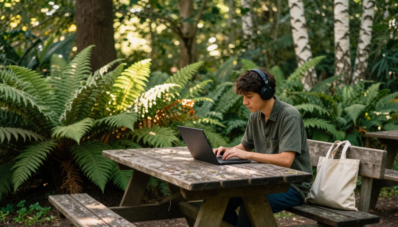 Person working outdoors at wooden picnic table in botanical garden with birch trees and ferns