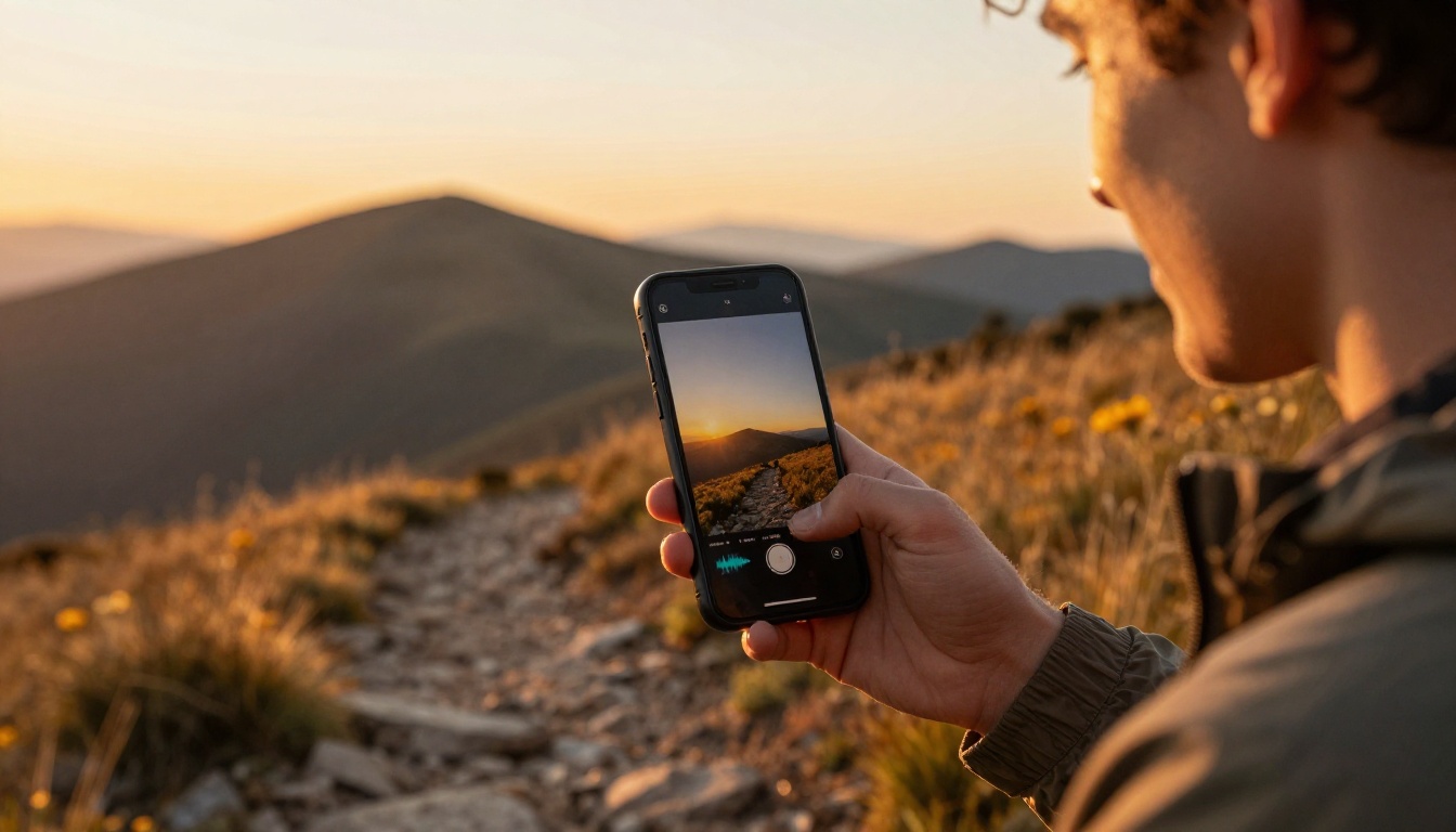 Filmmaker reviewing footage on a smartphone at golden hour outdoors