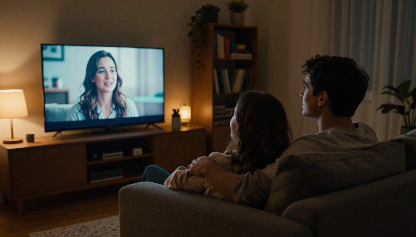 Couple watching an emotional video together on a sofa in a cozy living room Couple watching an emotional video together on a sofa in a cozy living room