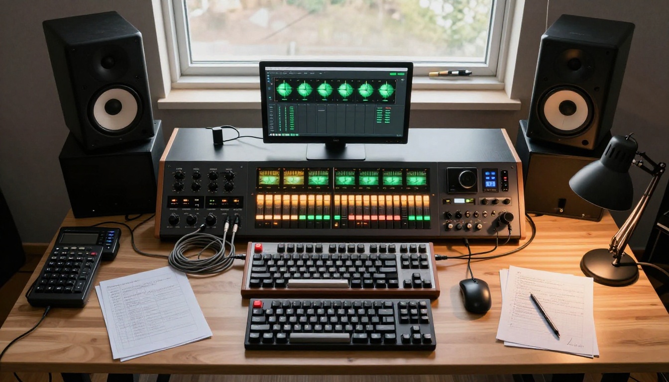 Aerial overhead view of professional studio production desk with controllers and equipment