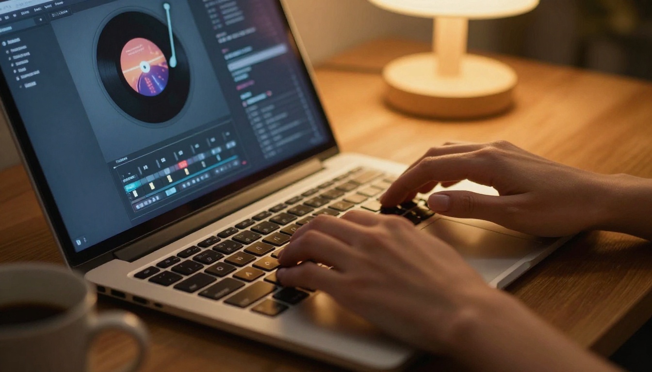 Close-up of hands on a laptop keyboard with a glowing music interface on screen