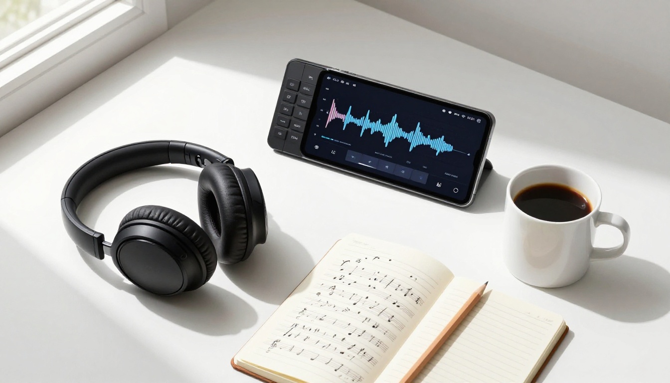 Flat lay of music creation equipment on white surface