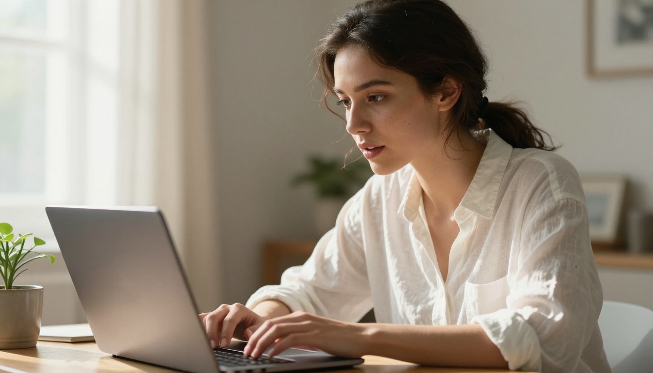 Young woman typing an EDM music prompt into a browser-based AI interface on a laptop