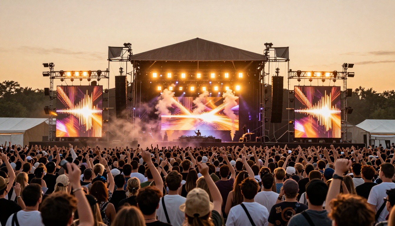 Festival crowd with thousands of raised hands at the peak of an EDM drop