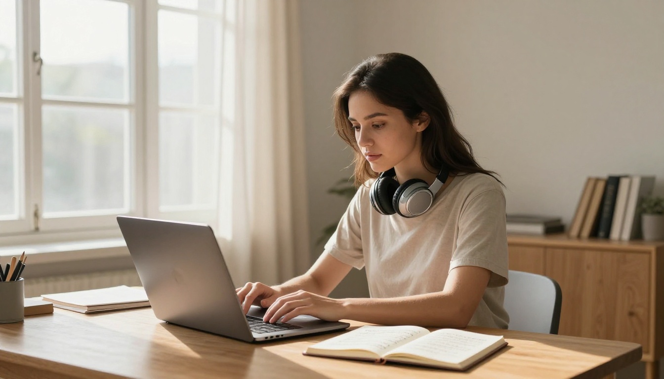 Woman at desk with headphones and laptop in morning light