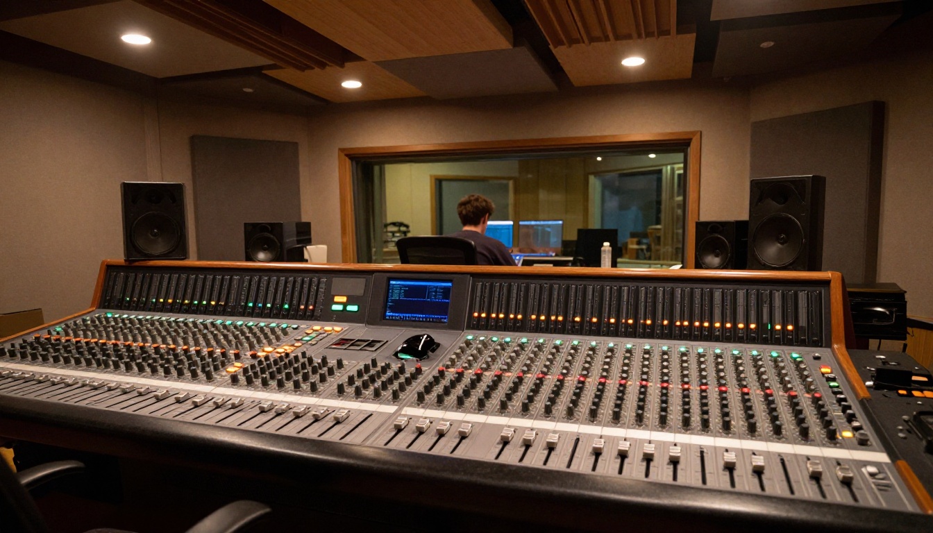 Music studio control room with mixing console