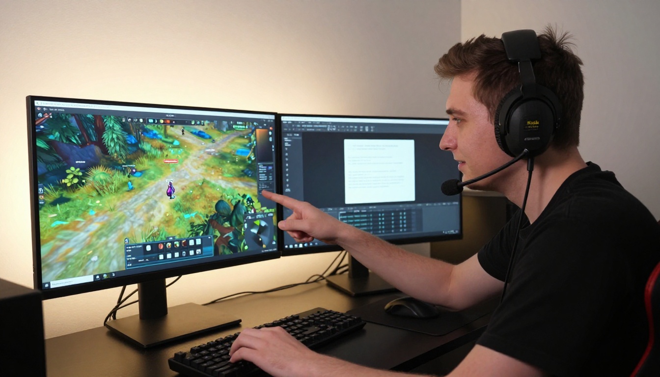 Gaming YouTuber at dual monitor setup pointing at screen
