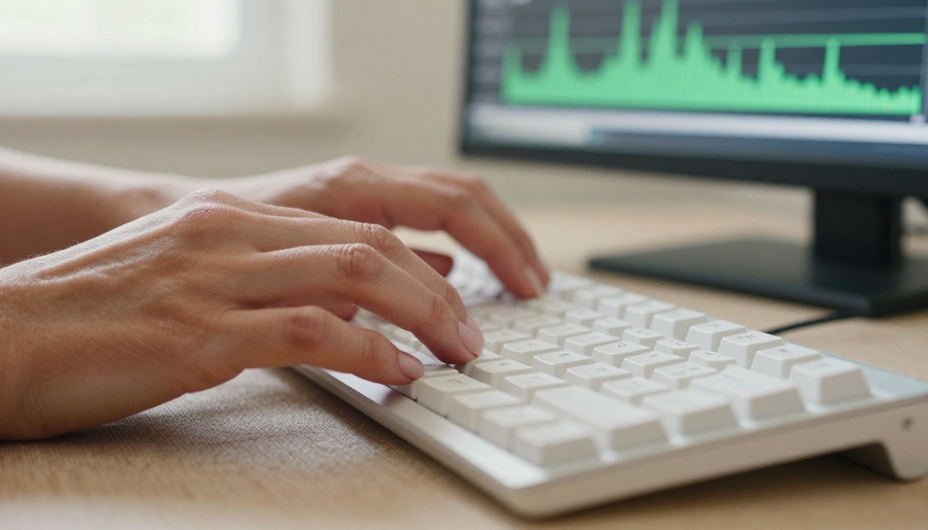 Professional woman in a home office with over-ear headphones listening to an interview recording on a laptop while the transcription fills the screen