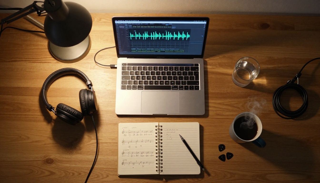 Aerial flat-lay view of a music workspace with laptop, headphones, and notebook