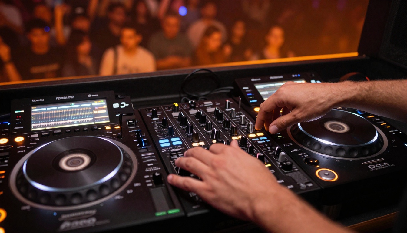 DJ's hands adjusting a high-pass filter on CDJ setup during a live club performance