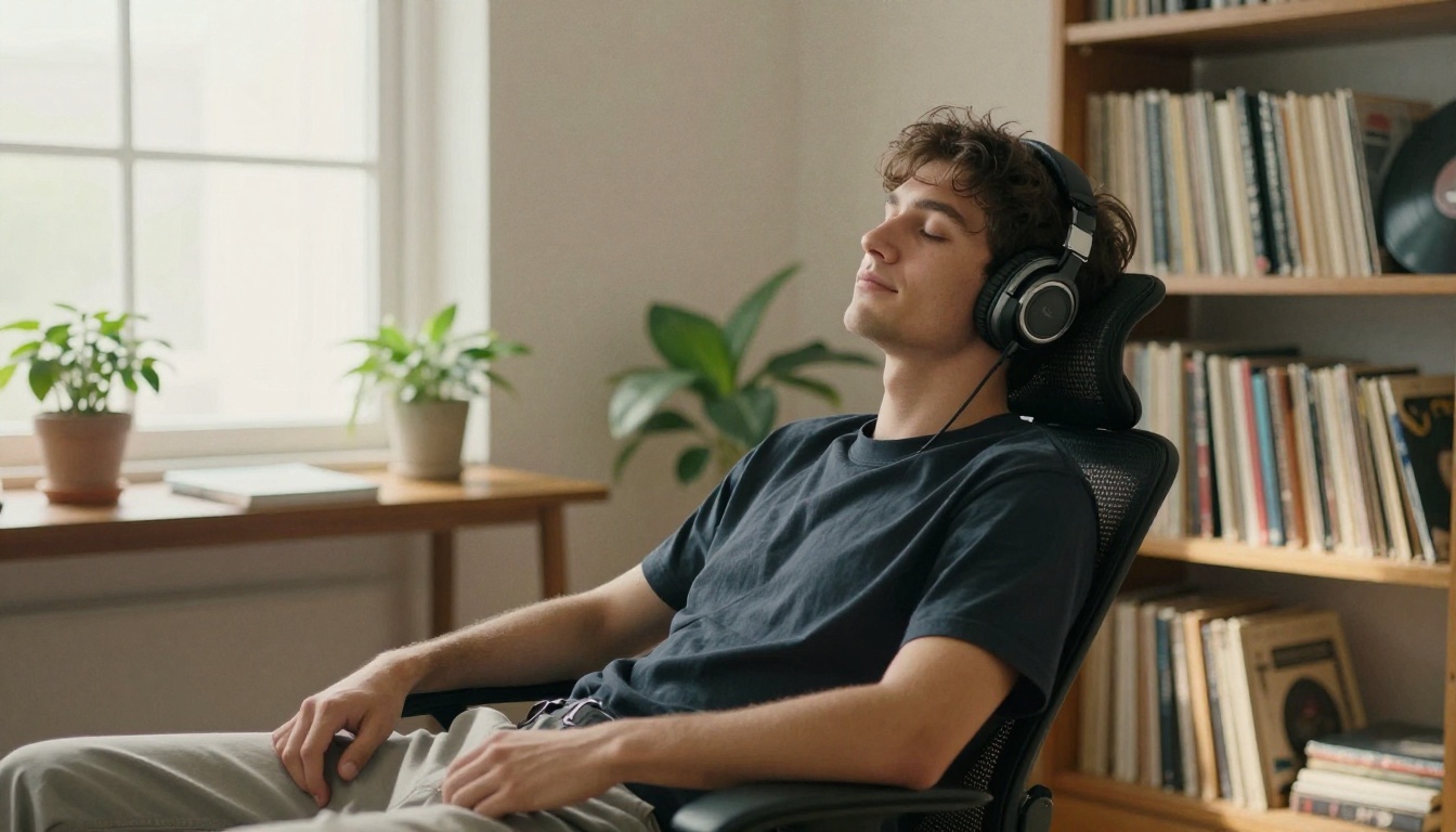 Young man relaxing with over-ear headphones in a minimalist home studio
