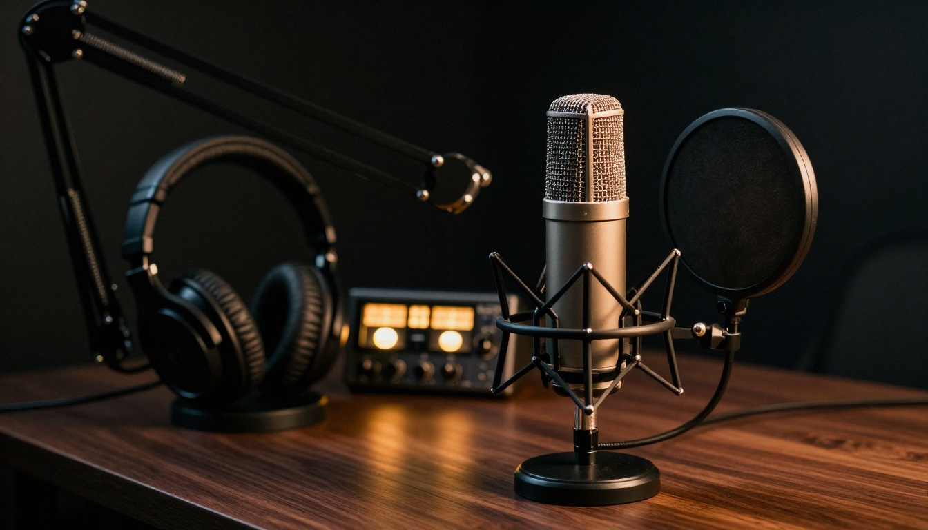 Professional cardioid condenser microphone on a boom arm with pop filter, warm tungsten lighting illuminating the capsule mesh