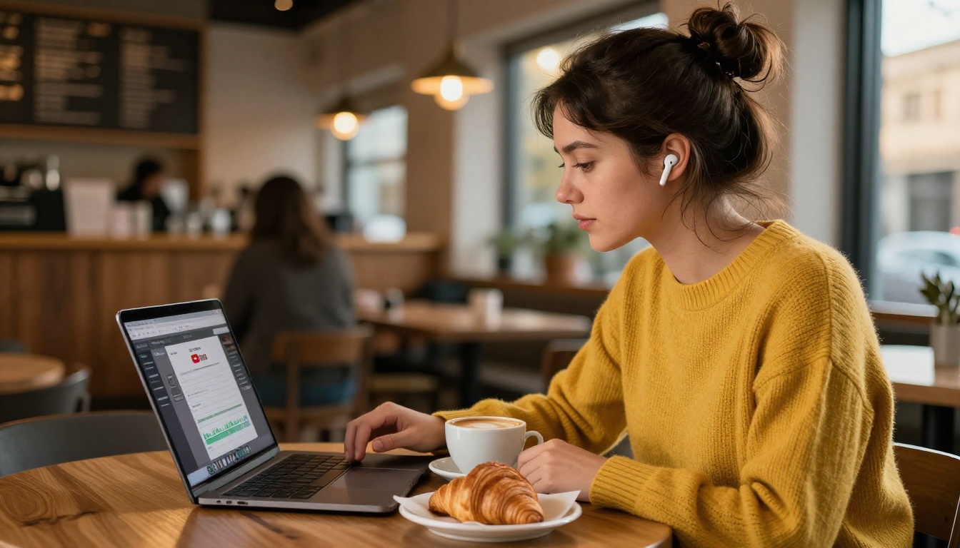 Lifestyle vlogger working in cafe with laptop