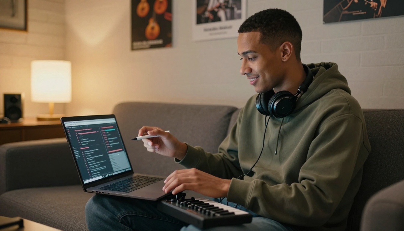 Young male producer sitting cross-legged on a studio couch with laptop and MIDI controller Young male producer sitting cross-legged on a studio couch with laptop and MIDI controller
