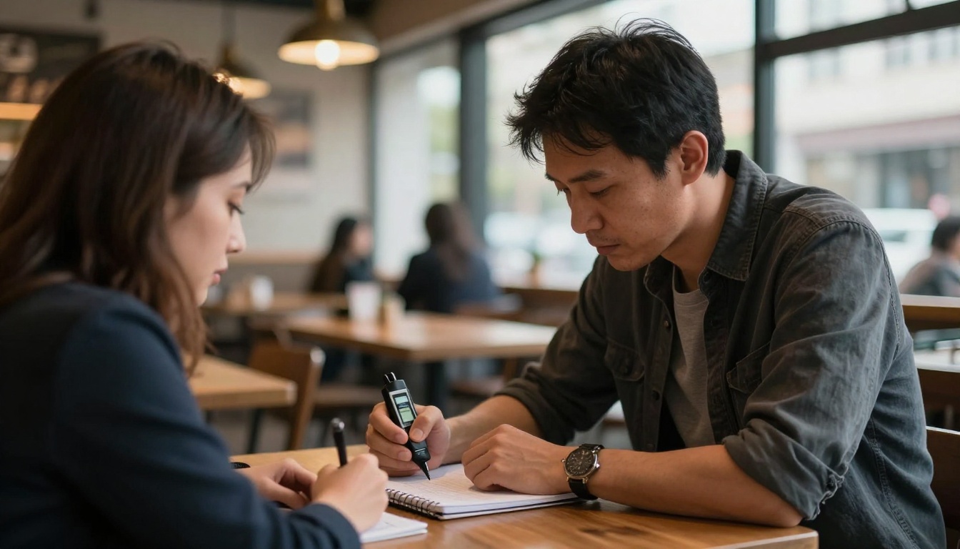A journalist conducting an interview at a cafe, holding a voice recorder while taking notes in a spiral notebook