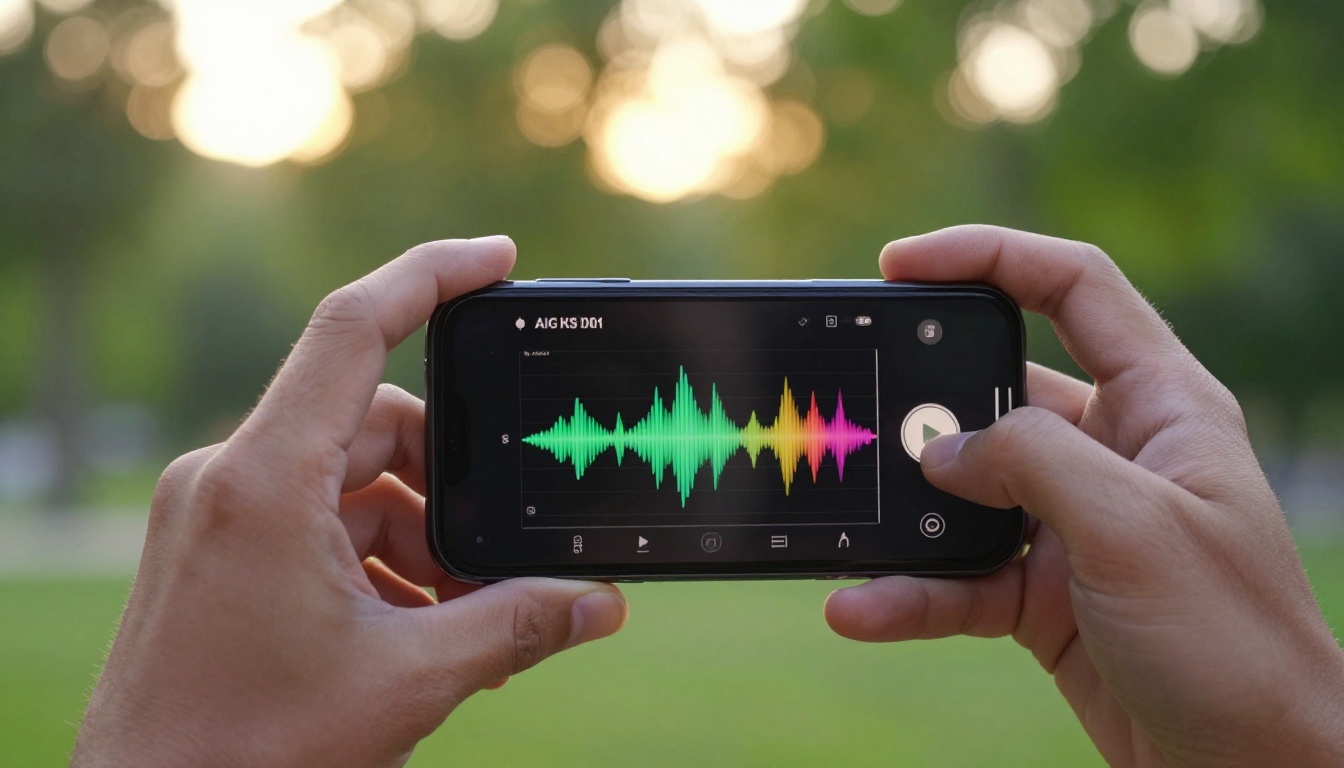 Smartphone showing AI music interface in outdoor park setting
