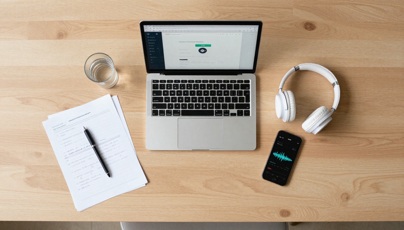 Overhead flat-lay of a desk workspace with laptop, headphones, transcription sheets, and a smartphone showing audio waveform