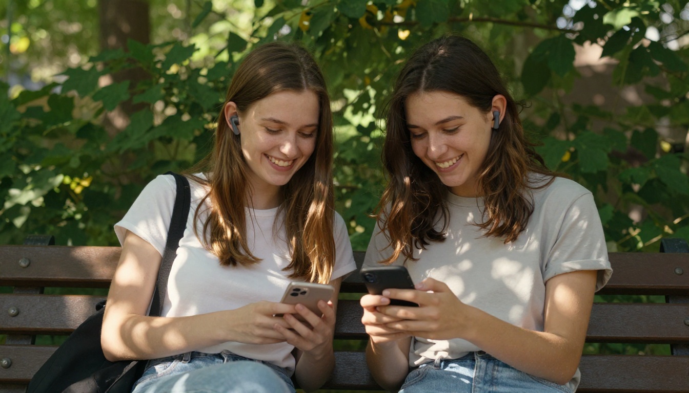 Two friends sharing music on a smartphone at a sunny park bench