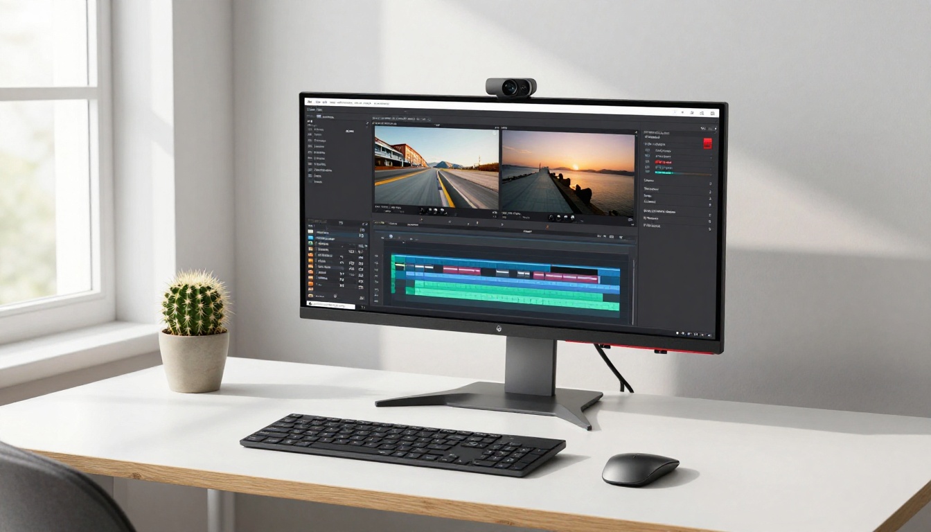 YouTube creator workstation with 4K monitor and video timeline